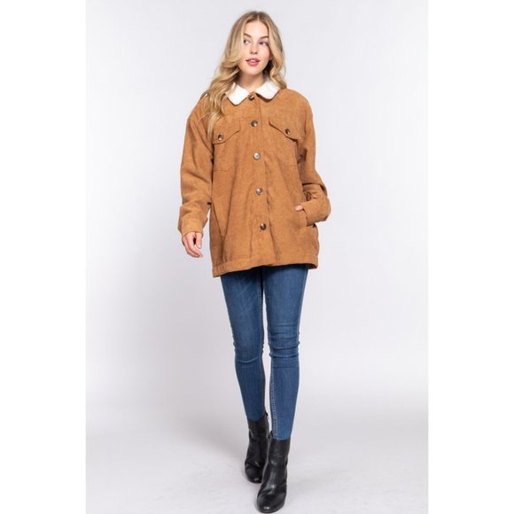 Camel Long Sleeve Inside Faux Fur with Pocket Corduroy Sherpa Jacket NWT - Picture 6 of 7